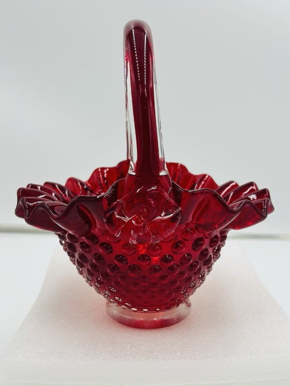 Vintage Fenton Ruby Red Hobnail Glass Basket 7.5" x 6.5" x 5"